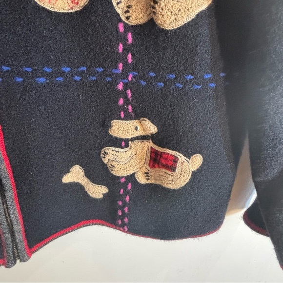 TABI INTERNATIONAL Sz XL Black Dog Pattern Cardigan Jacket Zipper 100% Wool - Picture 10 of 12